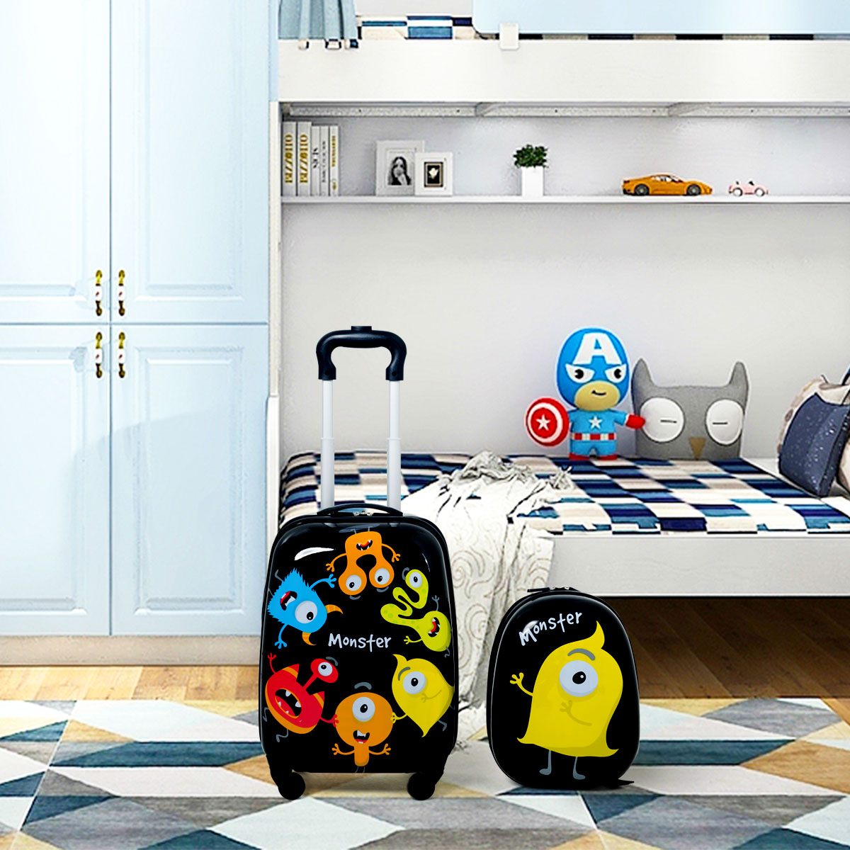 2 tlg Kindergepäck Monstersbild Reisekoffer Kinderkoffer + Rucksack Schwarz