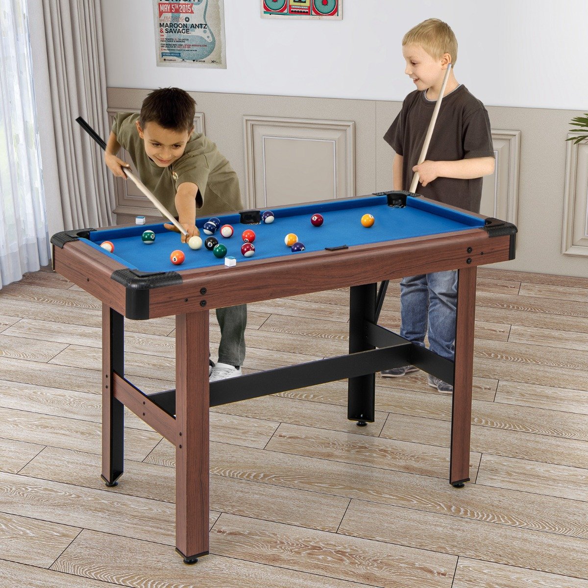 Billardtisch aus Holz mit 2 Queues 2 Kreiden & Dreieck & Bürste Billlard Tisch Tischbillard Blau