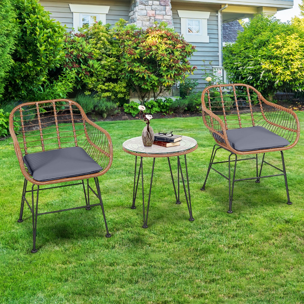 Korbmöbel-Set 3-Teiliges Modernes Bistro-Set für die Terrasse