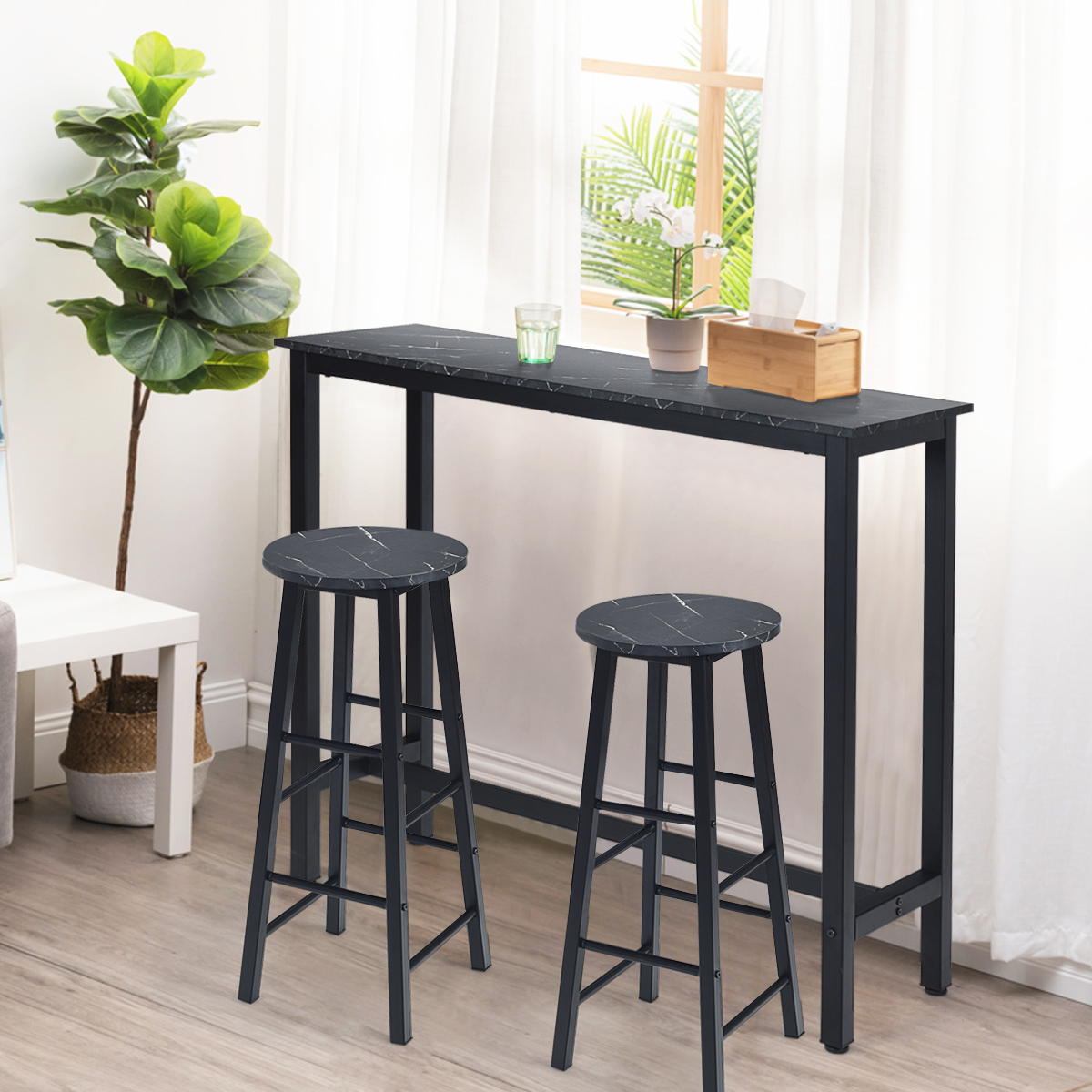 2er Set Barhocker mit Marmor Optik & Fußstütze & 71 cm Sitzhöhe Barstühle Tresenhocker Schwarz