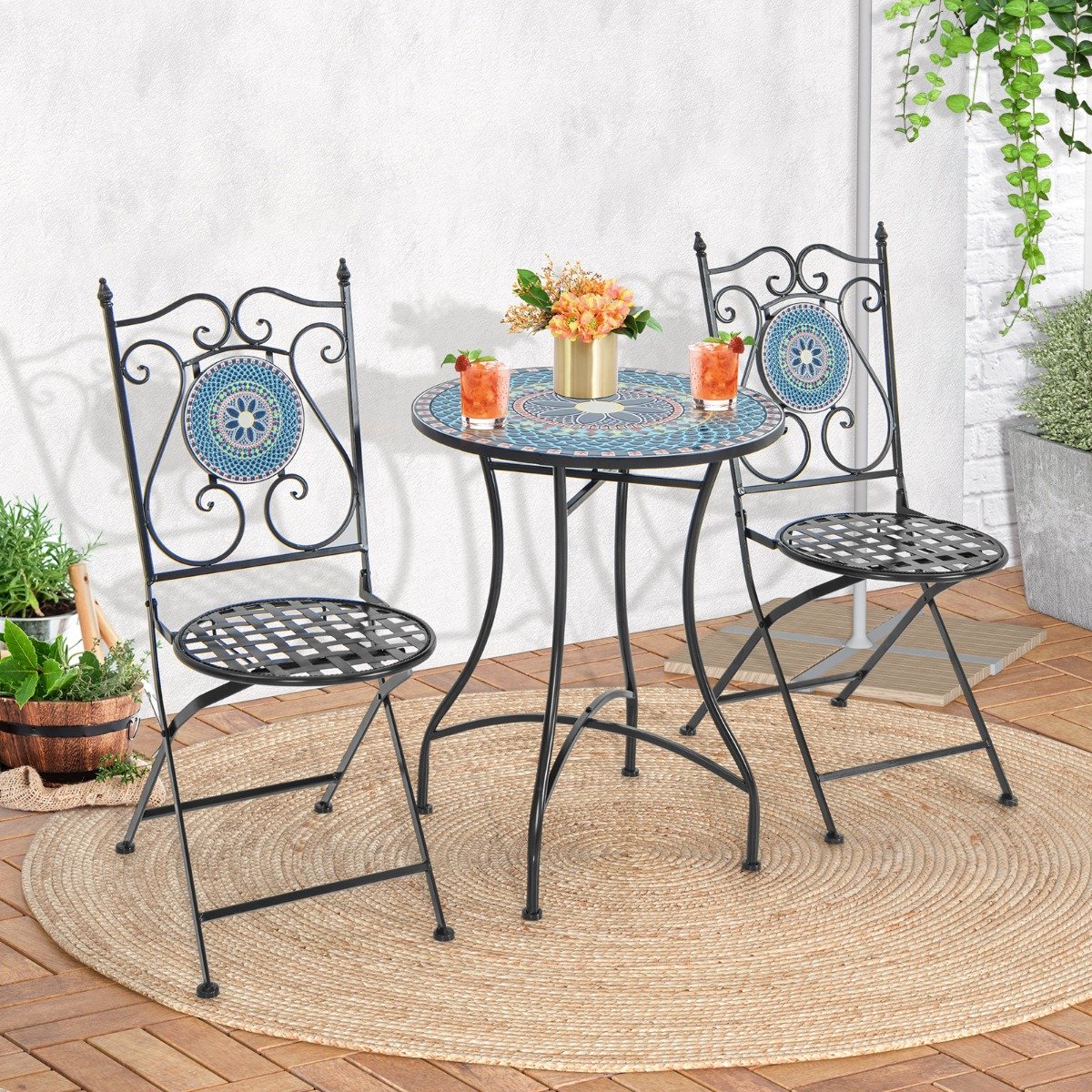 Bistrotisch mit 2 Stühlen Mosaik Bistroset klappbar 3-teiliges Balkonset Blau
