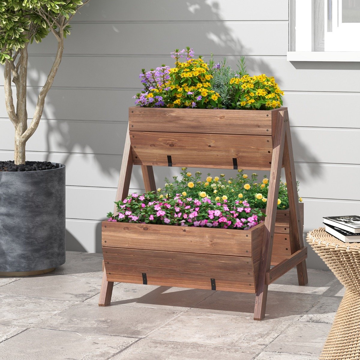 Vertikales Hochbeet mit 2 Etagen & 3 Pflanzkästen & Ablauflöchern Blumenbeet 66 x 73 x 73 cm Braun