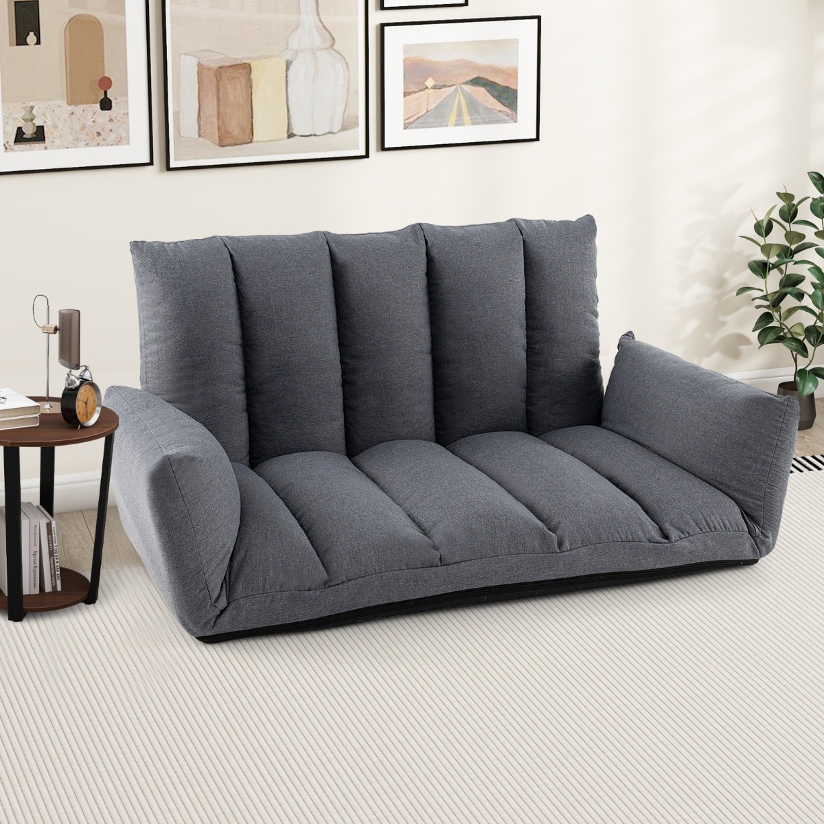 Bodensofa mit 5-Fach Verstellbarer Rückenlehne & Armlehnen Relaxsessel für Wohnzimmer Grau