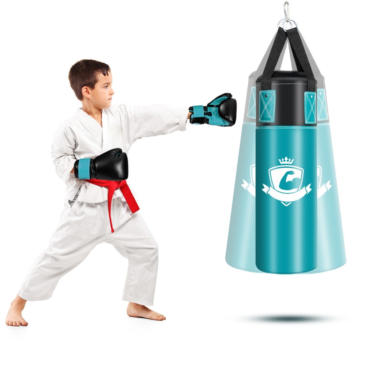 Boxsack Set mit 8oz Boxhandschuhen Handschlaufen Tasche Punchingsack für Kinder und Erwachsene Schwarz + Grün