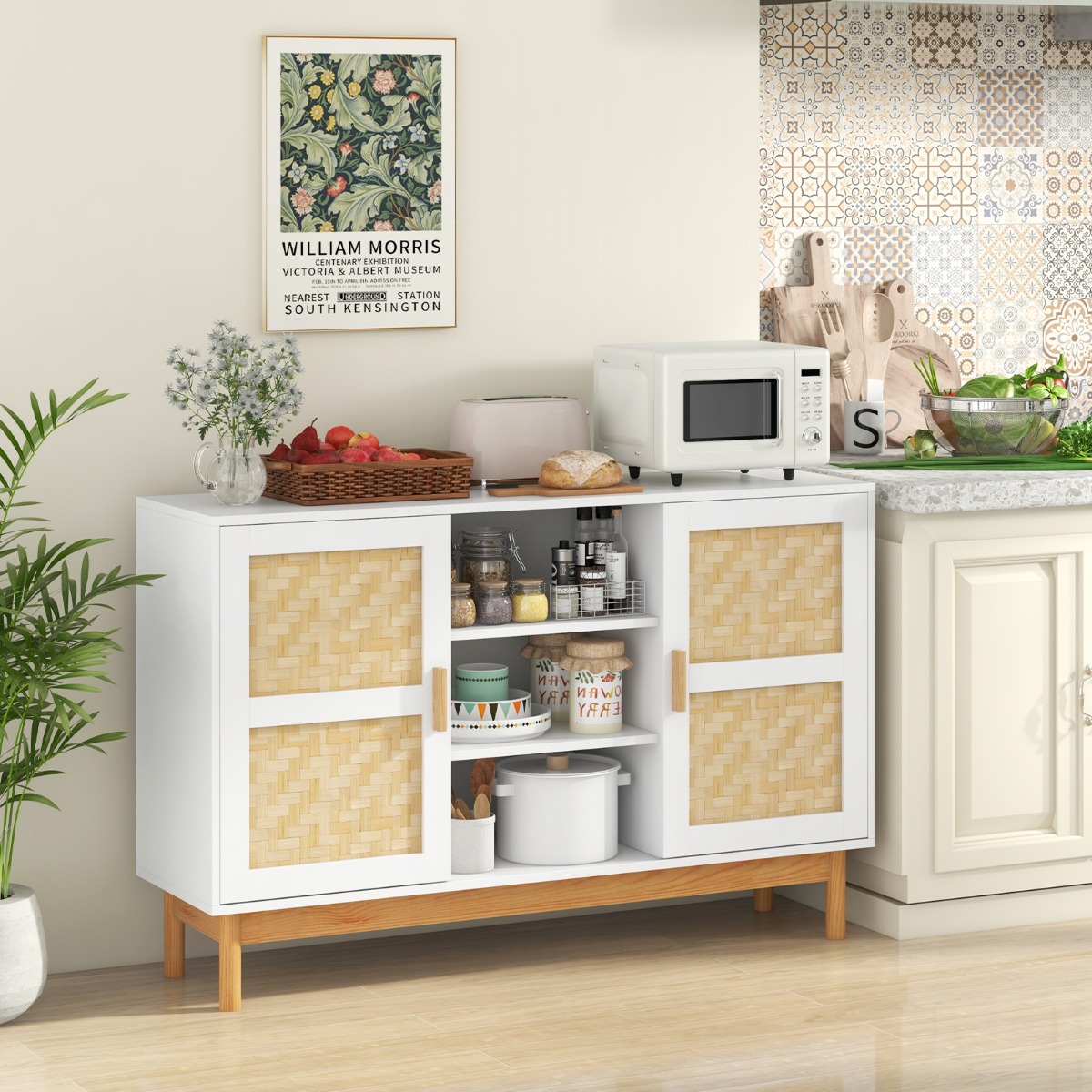 Buffetschrank aus Holz Küchenschrank mit 2 Bambustüren & 3 offenen Regalen 120 x 35 x 78 cm Natur + Weiß