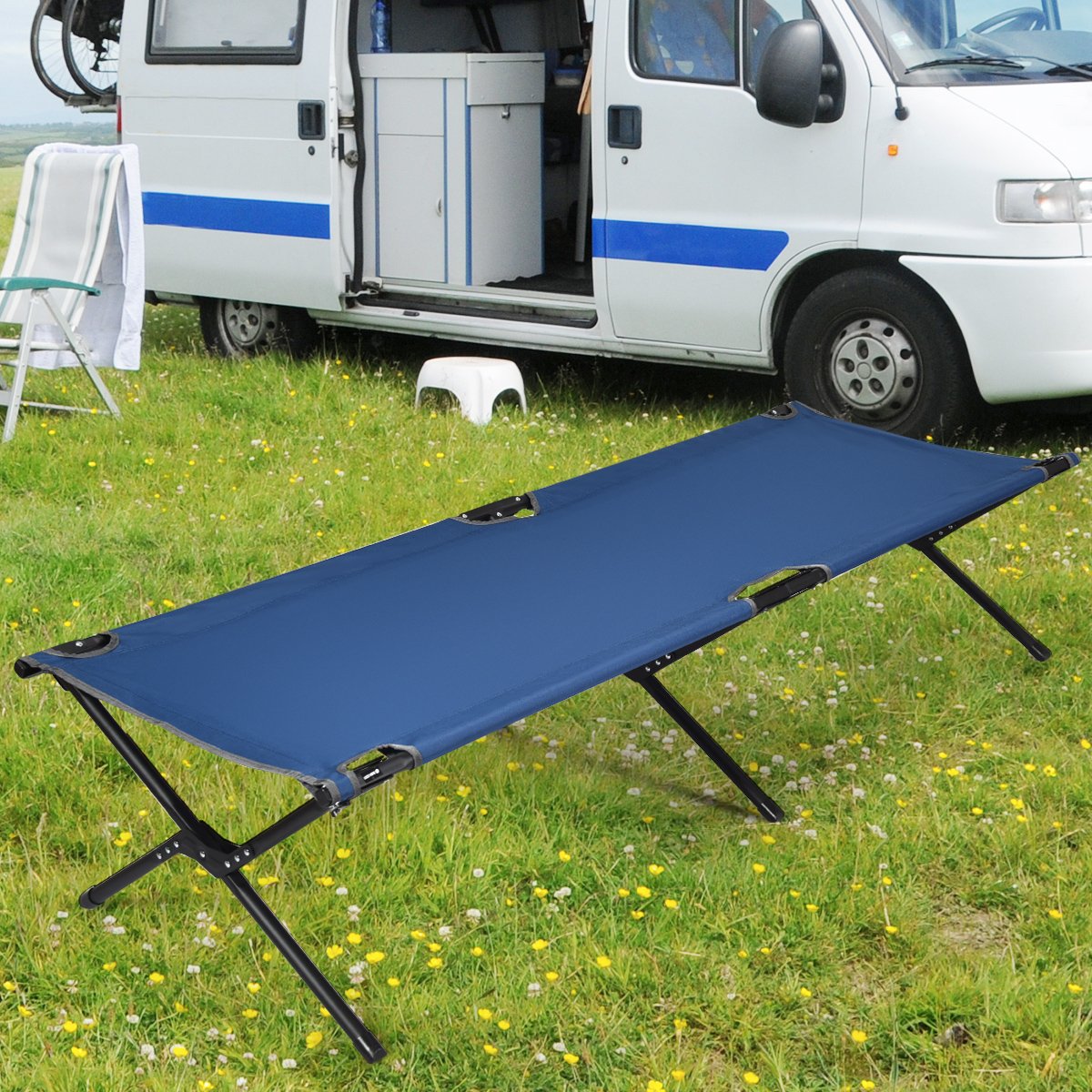 Feldbett Campingbett Metallrahmen Faltbar Klappbett Belastbar bis 135 kg 190 x 67 x 42 cm Blau
