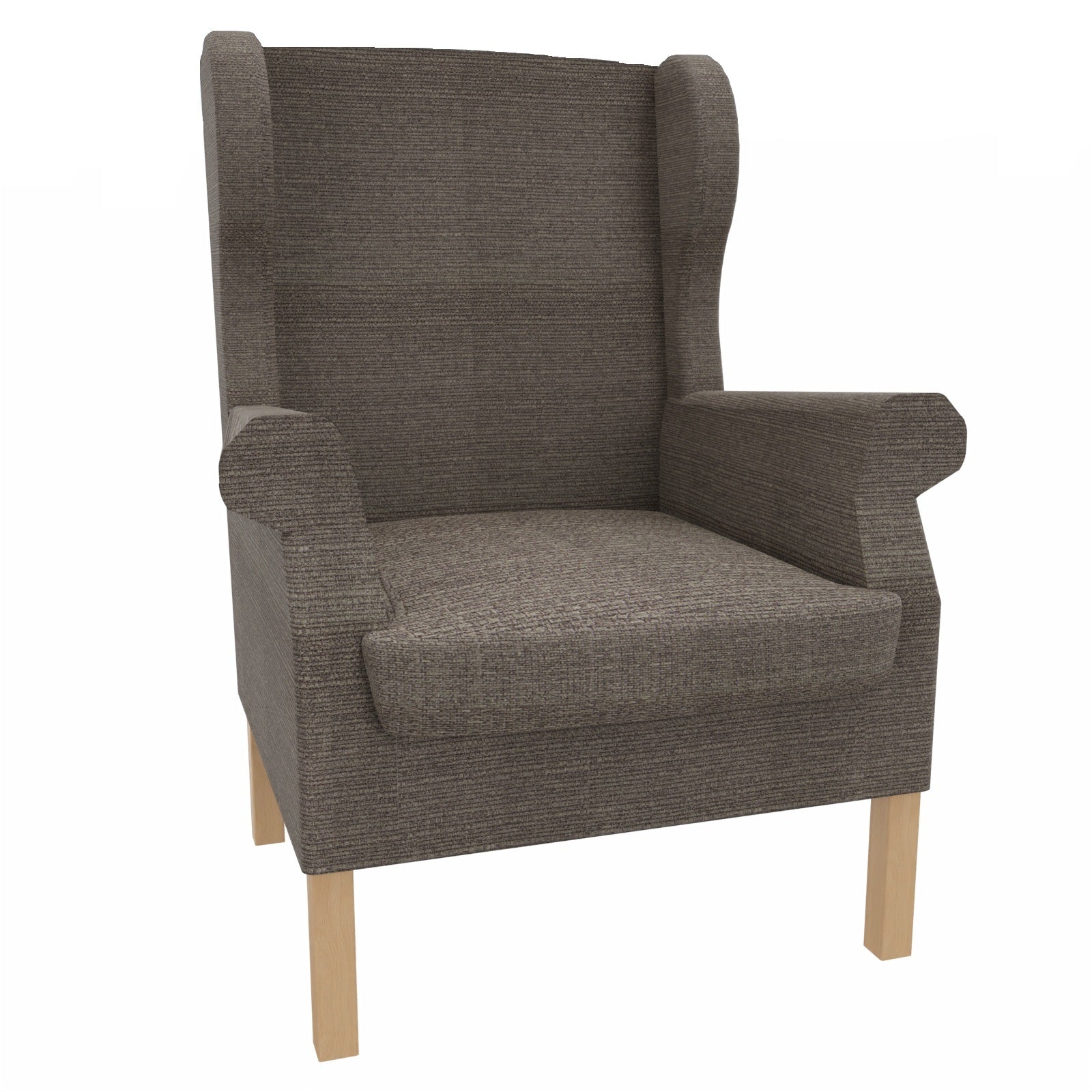 Ohrensessel Caro – Gepolsterter Massivholzsessel mit abnehmbarem Sitzpolster - Metall Silber / Stoff Gomera Braun