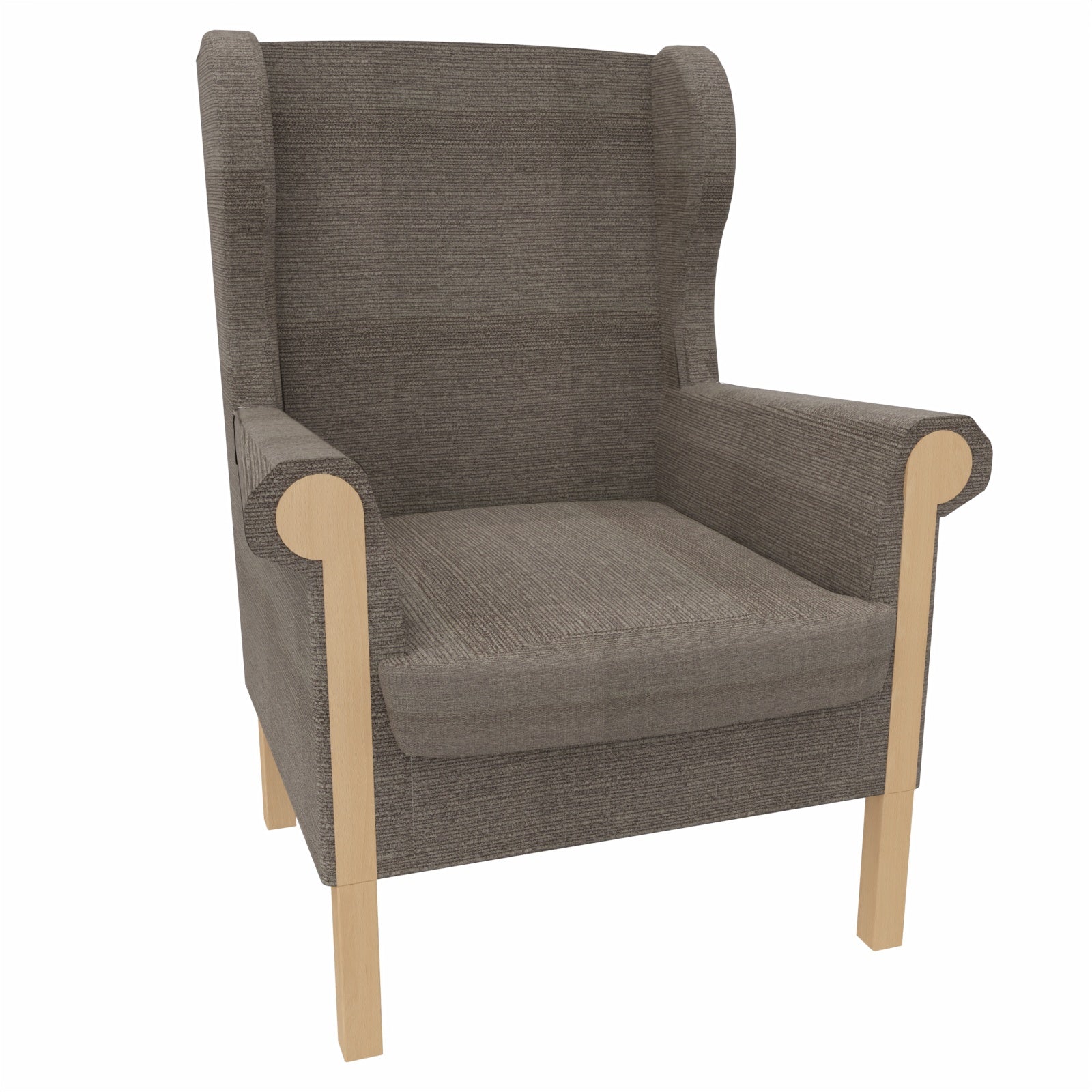 Ohrensessel Caro mit Holzintarsie – Gepolsterter Massivholzsessel mit abnehmbarem Sitzpolster - Metall Silber / Stoff Gomera Braun