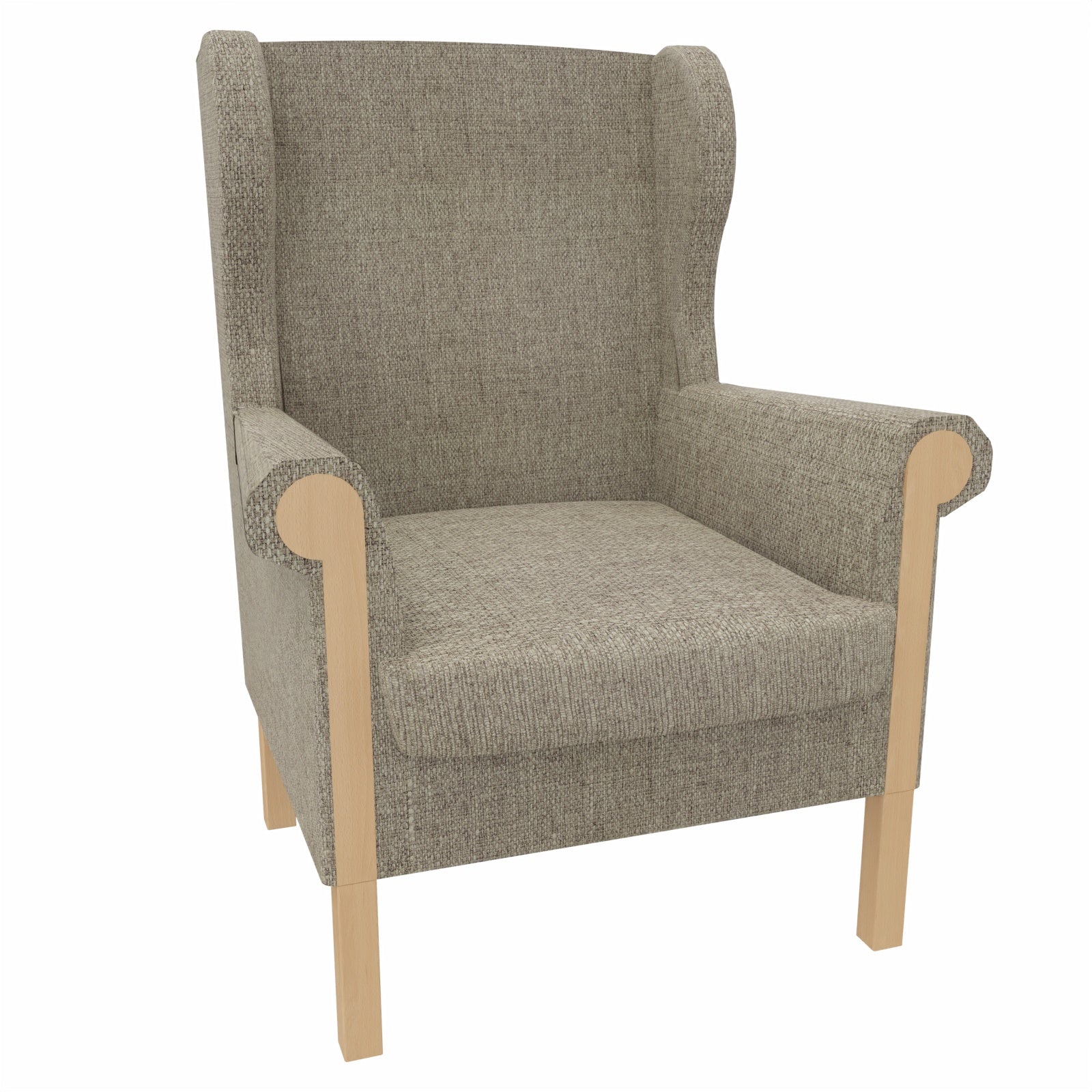 Ohrensessel Caro mit Holzintarsie – Gepolsterter Massivholzsessel mit abnehmbarem Sitzpolster - Metall Silber / Stoff Kariba Beige