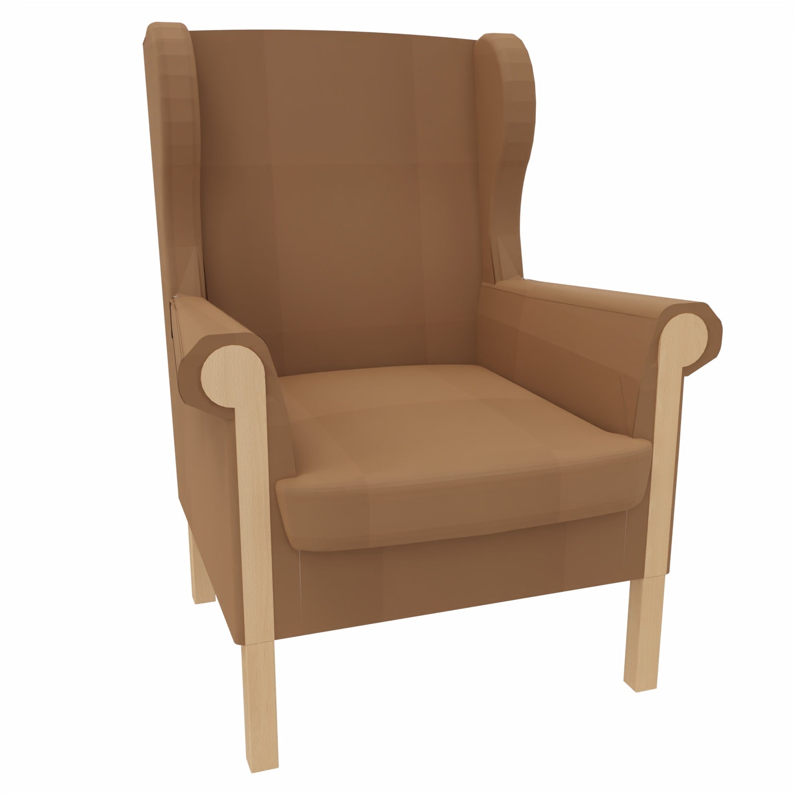 Ohrensessel Caro mit Holzintarsie – Gepolsterter Massivholzsessel mit abnehmbarem Sitzpolster - Metall Silber / Kunstleder Soft Camel