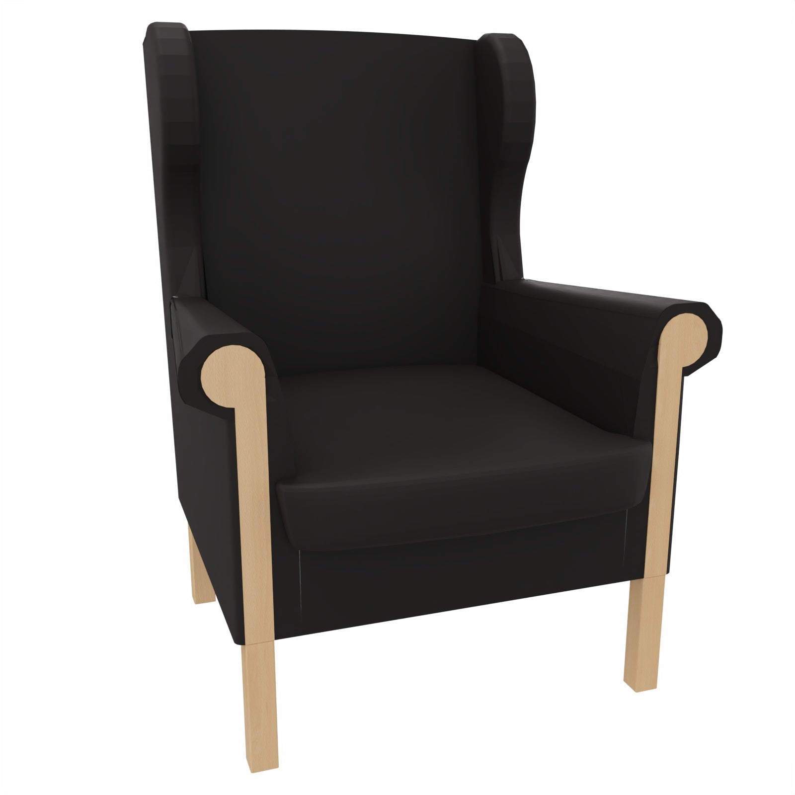 Ohrensessel Caro mit Holzintarsie – Gepolsterter Massivholzsessel mit abnehmbarem Sitzpolster - Metall Silber / Kunstleder Soft Schwarz