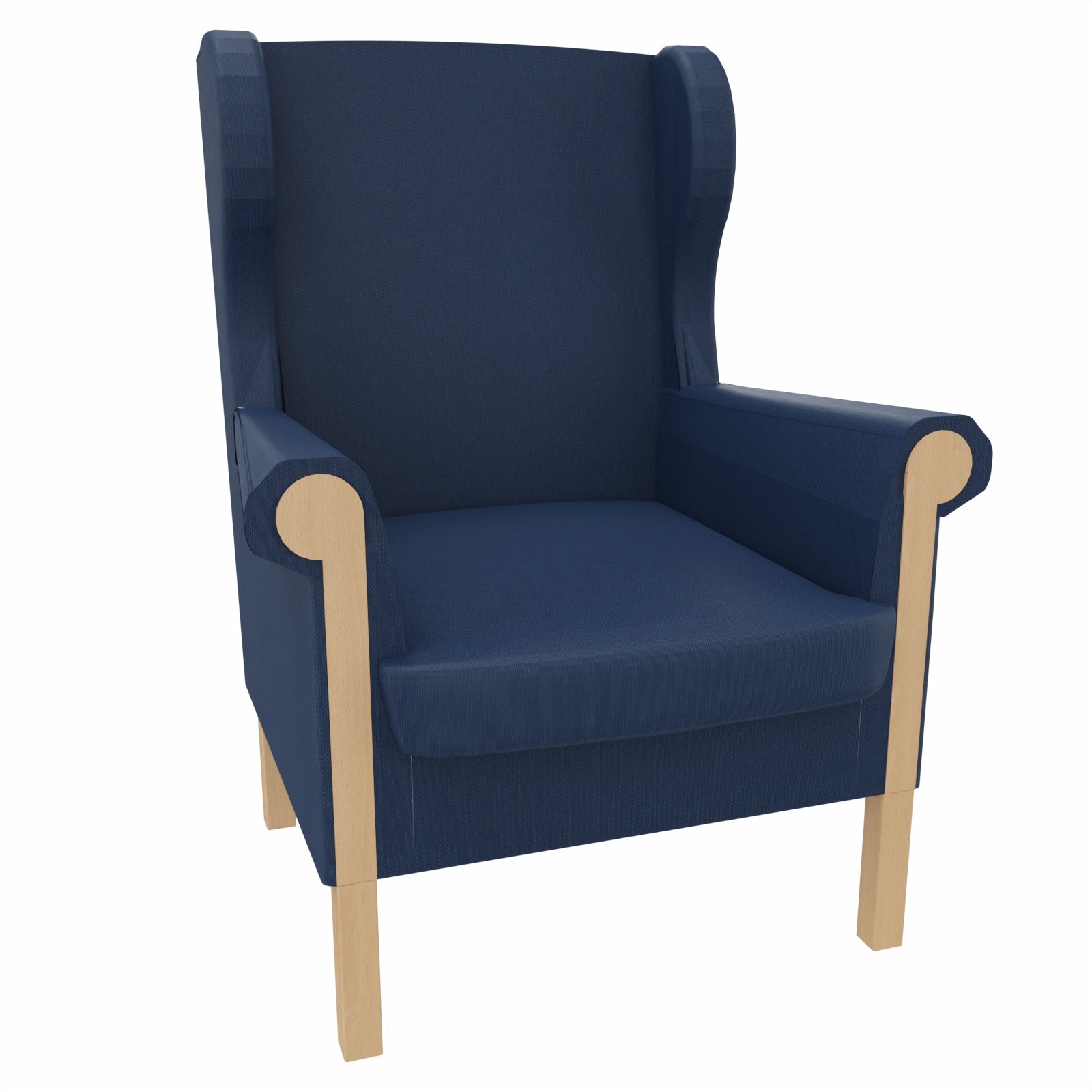 Ohrensessel Caro mit Holzintarsie – Gepolsterter Massivholzsessel mit abnehmbarem Sitzpolster - Metall Silber / Clean-Kunstleder Walter Blau