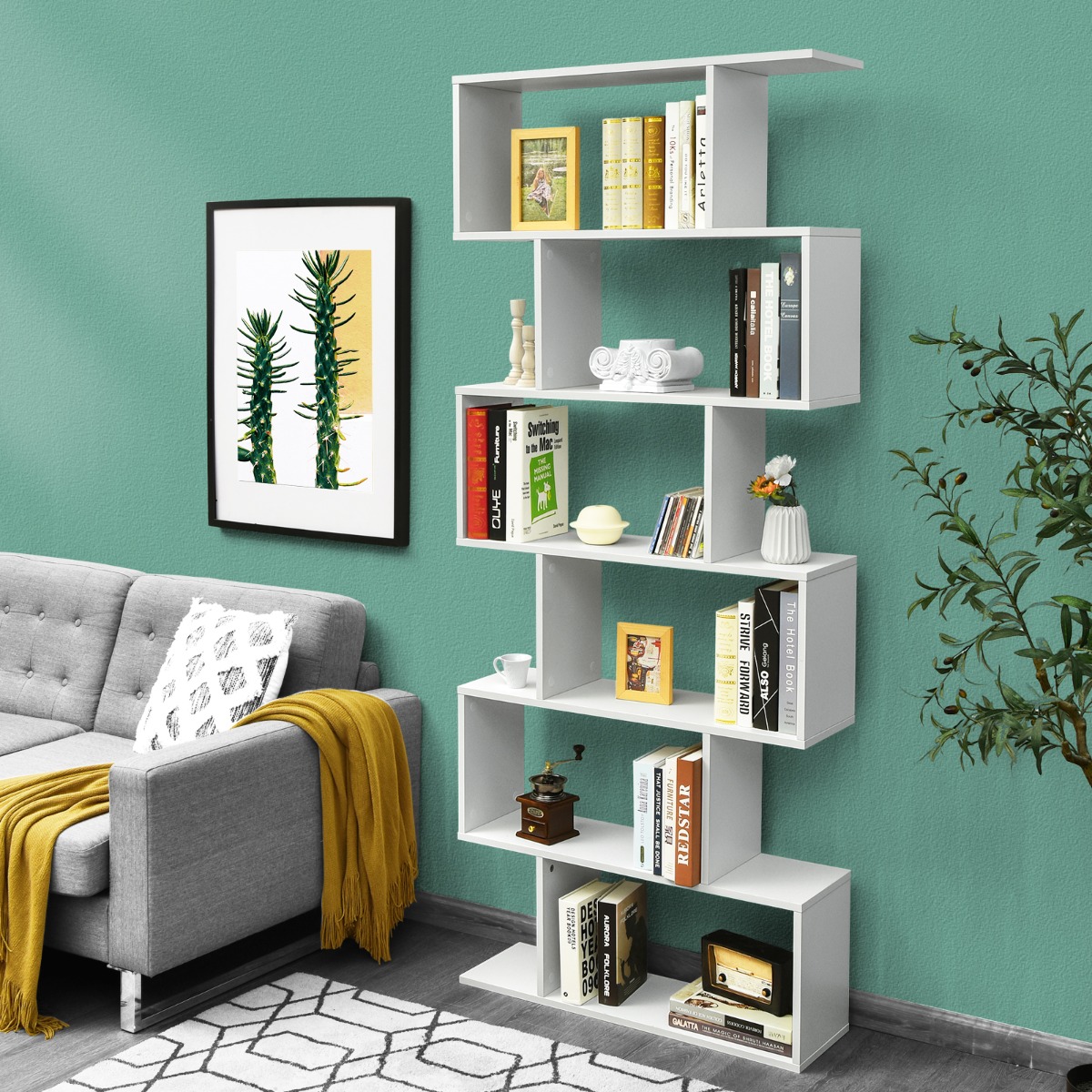Standregal 6 Ebenen S-Form Bücherregal Aufbewahrungsregal Holz Farbwahl-Weiß