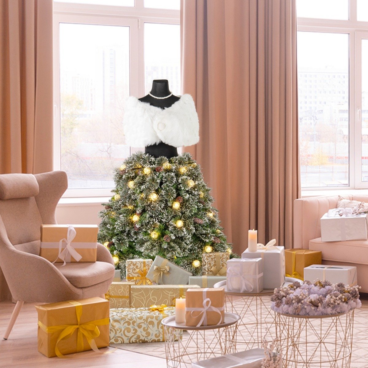 Künstlicher Weihnachtsbaum in Schneiderpuppen Optik mit Schal & Halskette & Beleuchtung