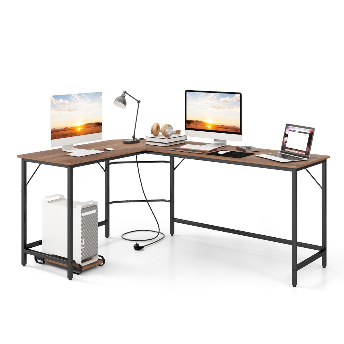 L-förmiger Computertisch mit Steckdose & CPU-Ständer & Robustem Metallrahmen Eckschreibtisch Natur