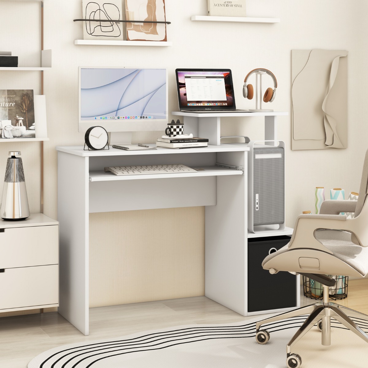 Schreibtisch Kleiner Computertisch mit Druckerablage Bürotisch für Home Office 100 x 40 x 87 cm Weiß