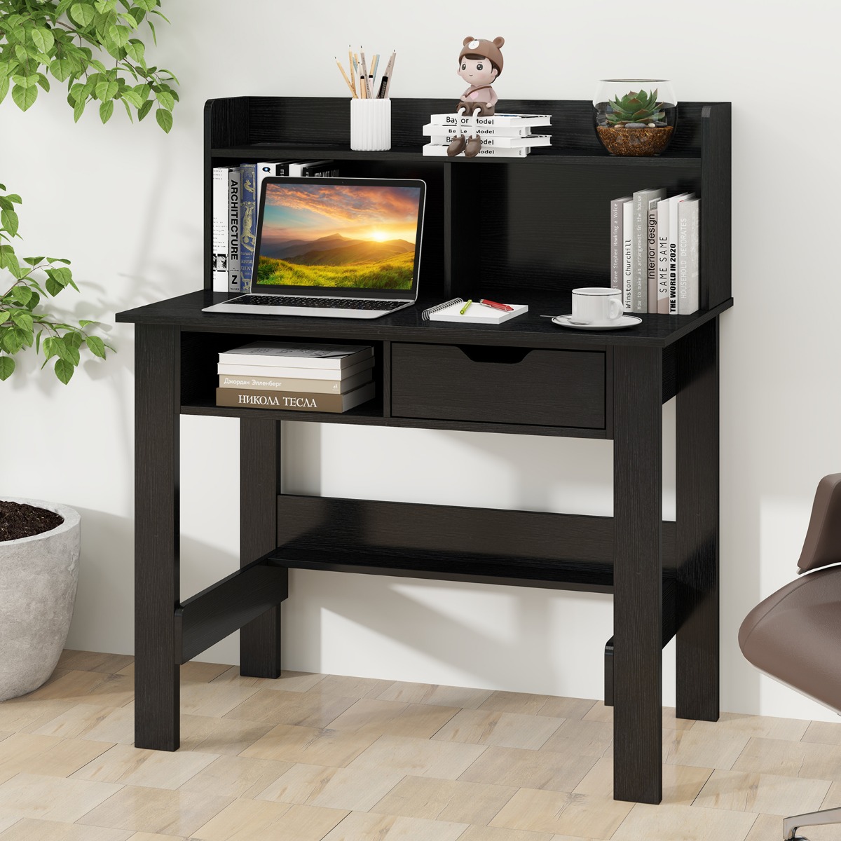 Schreibtisch mit Steckdosen Kleiner Computertisch mit Aufsatz 95 x 56 x 109,5 cm Schwarz