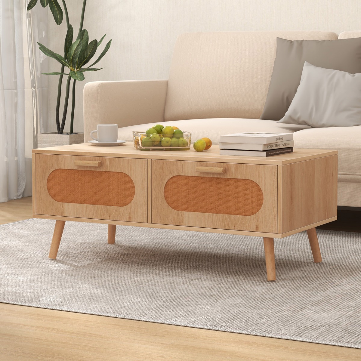 Couchtisch Rattan Wohnzimmertisch mit 2 Schubladen Kaffeetisch 100 x 50 x 41 cm Natur