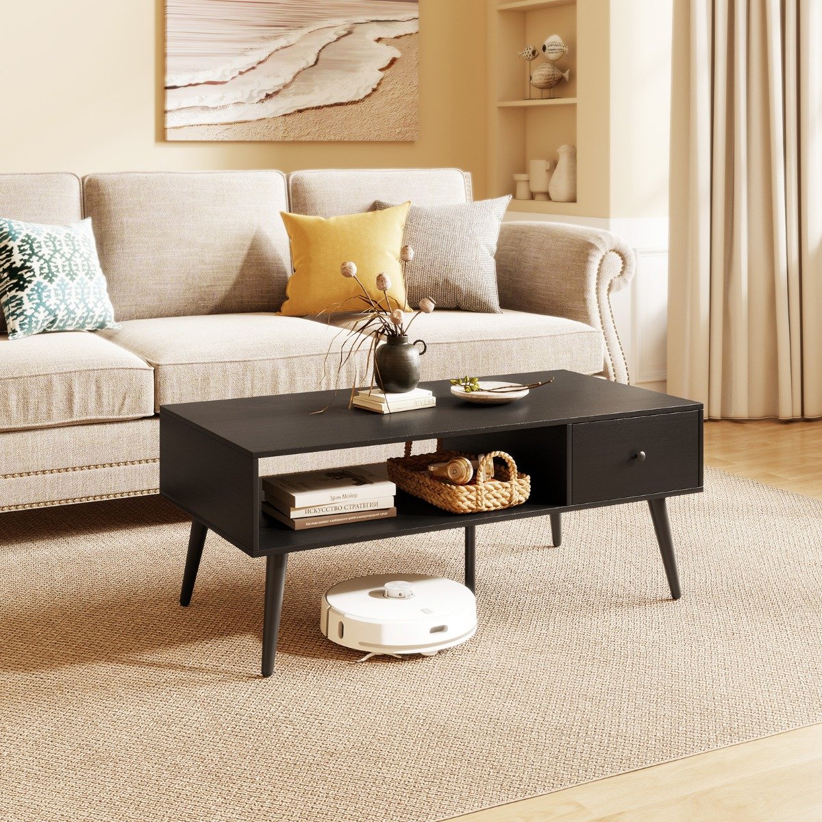 Couchtisch mit Schublade Stauraum offenes Fach Wohnzimmertisch 109 x 55 x 39,5 cm Schwarz