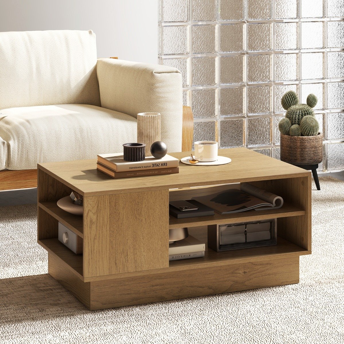 Holz Couchtisch mit Stauraum & offenen Fächern Wohnzimmertisch Beistelltisch Sofatisch Natur