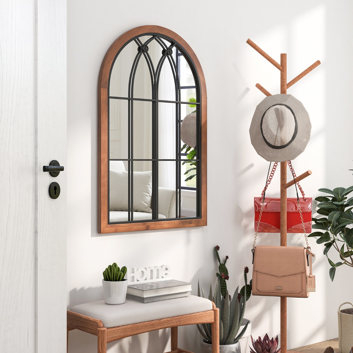 Gewölbter Wandspiegel dekorativer Fensterspiegel Fensterscheiben-Dekoration 60 x 90 cm Natur