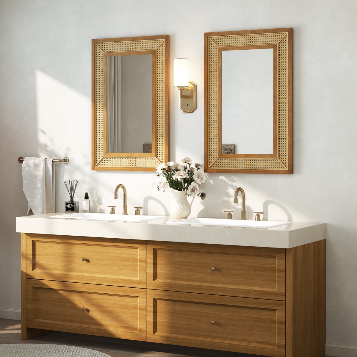 Rattan Rechteckiger Wandspiegel mit Holzrahmen & Haken Dekorativer Spiegel Wandmontage