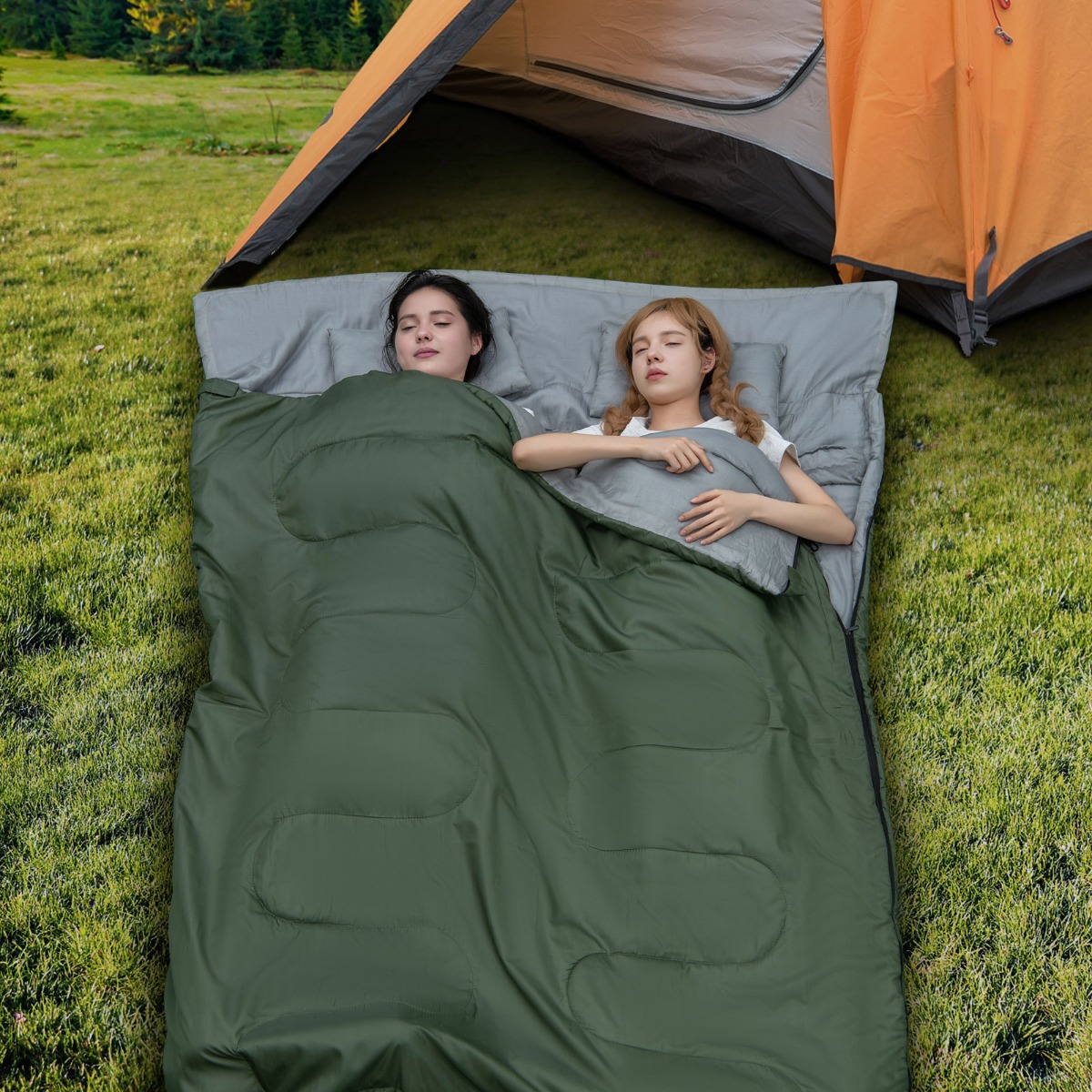 2 in 1 Doppelschlafsack Einzelschlafsack XL Deckenschlafsack mit 2 Kissen 220 x 150 cm