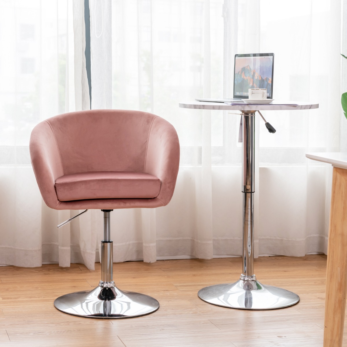 Höhenverstellbarer Akzentstuhl 360° Drehbarer Polsterstuhl bis 120kg Belastbar Samtstuhl Rosa