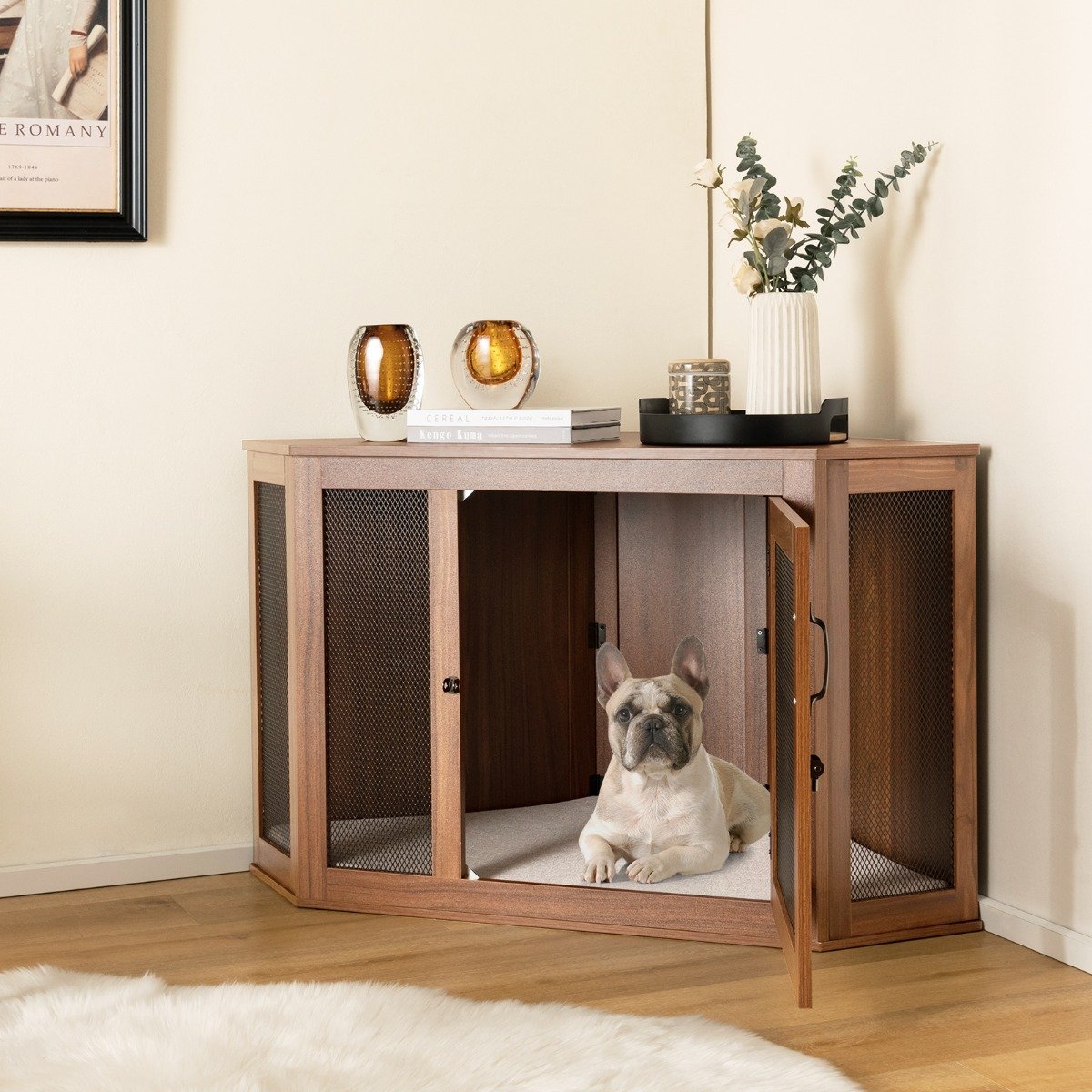 Eck-Haustierkiste Hundezwinger-Endtisch mit Gittertür & Kissen 114 x 59 x 67 cm Braun