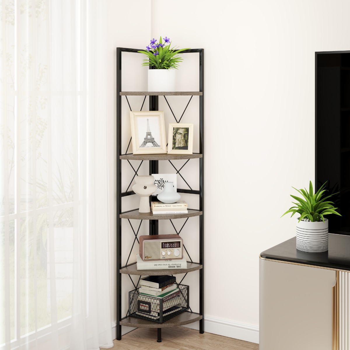 Eckregal mit 5 Ebenen 160 cm hoch Bücherregal Holz Standregal mit Metallgestell Eichengrau