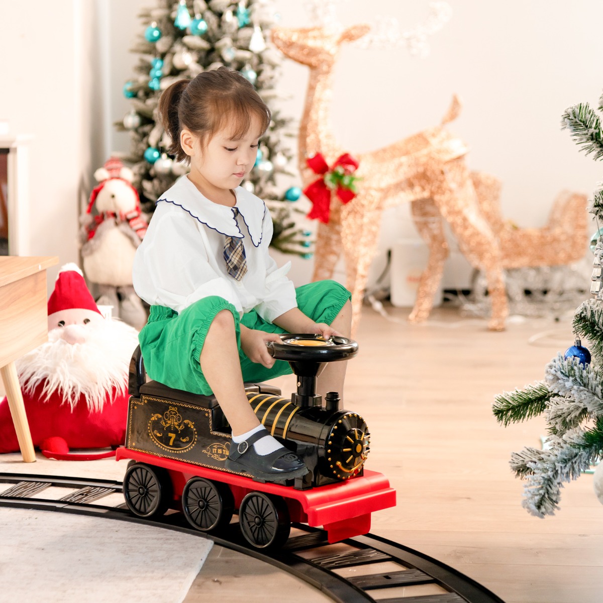 6V Elektrischer Kinderzug zum Aufsitzen mit Musik Lichter 16 Schienenstücken für Kinder ab 3 J. Schwarz