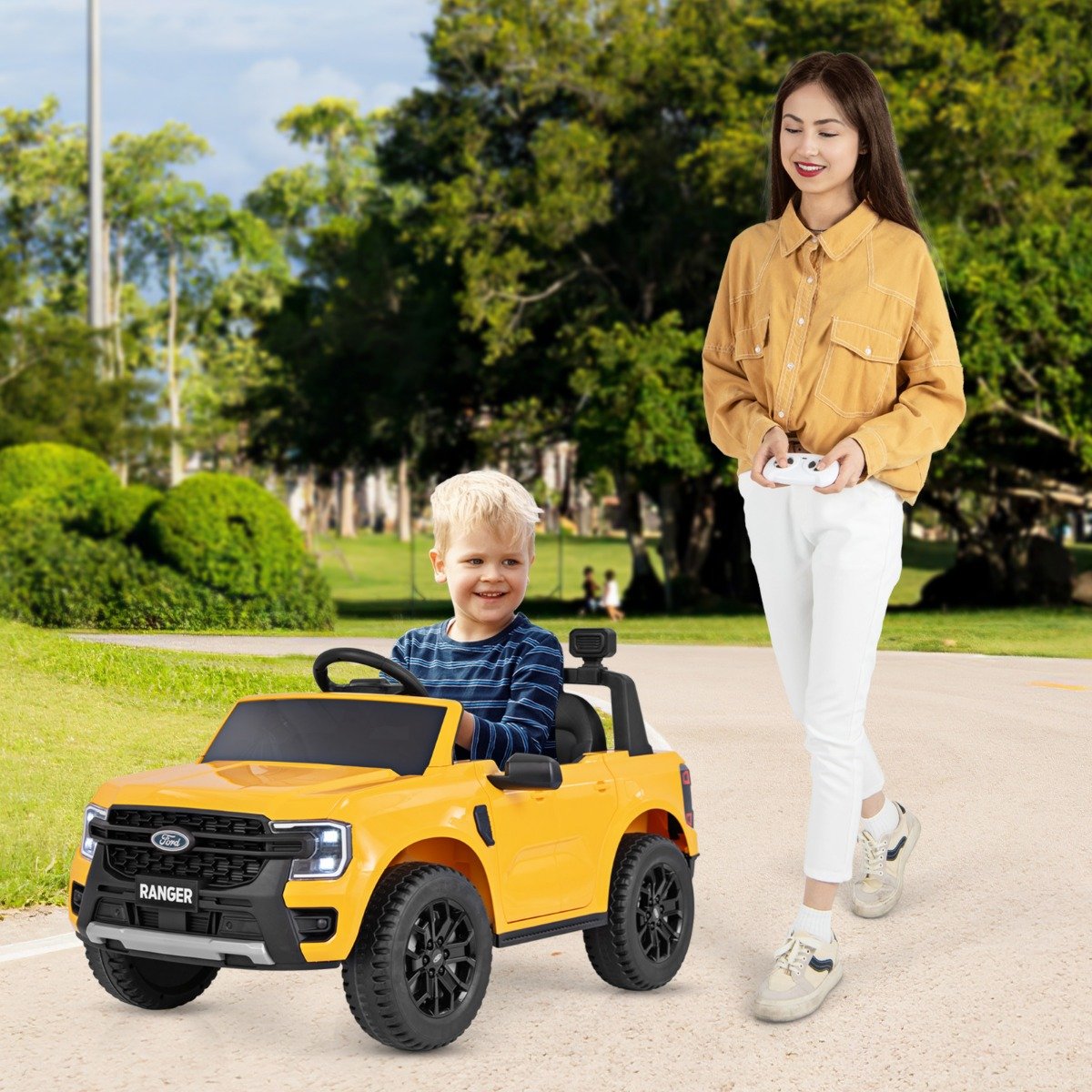 Kinder Elektroauto Ford 12V Kinderauto Elektro mit Fernbedienung & Ablagekorb & USB & Musik Gelb