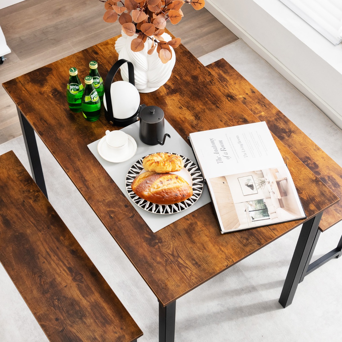 Esstisch mit 2 Bänken Essgruppe 3er-Set 110 x 70 cm Küchentisch für 4 Personen Kaffee + Schwarz 