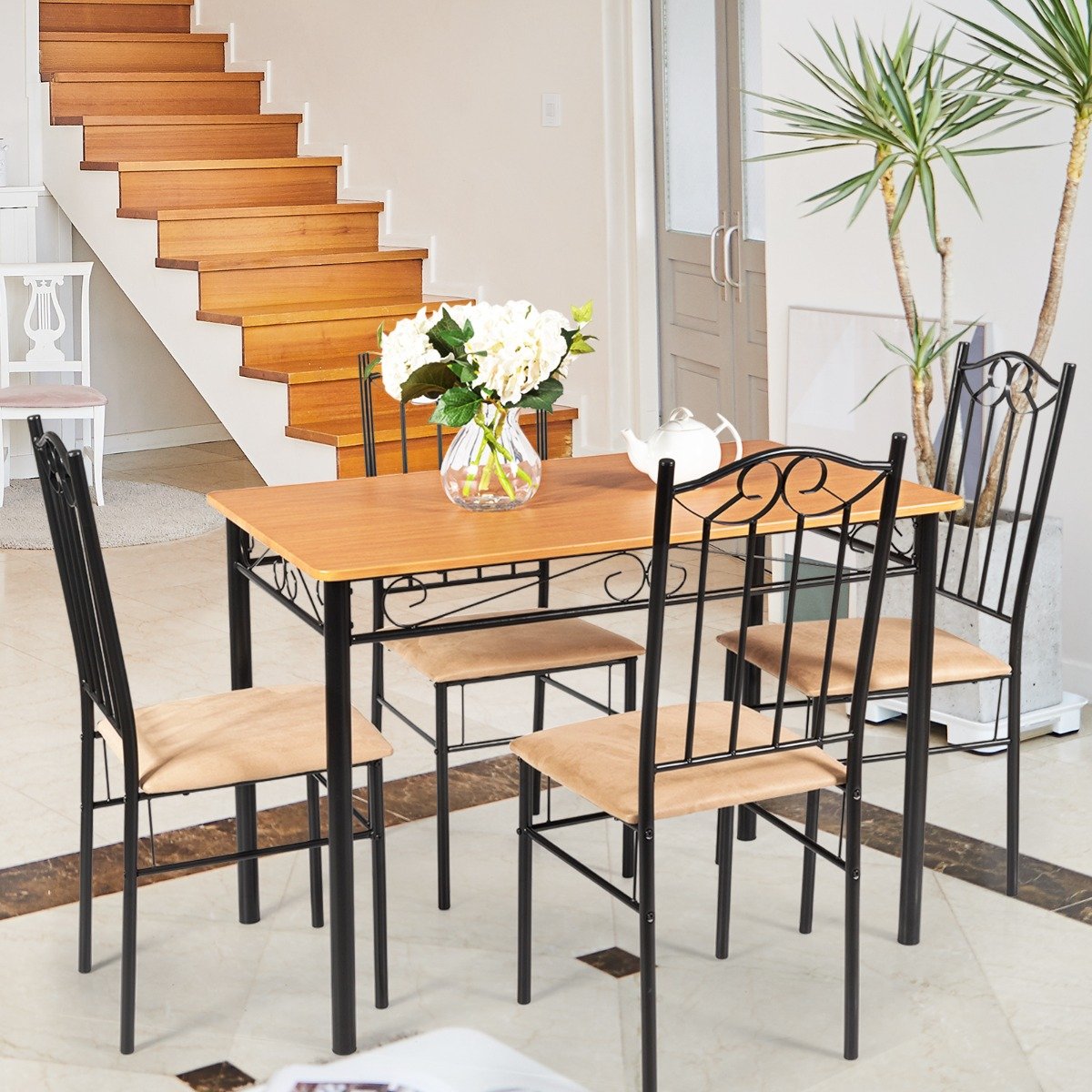 5-teiliges Esstisch-Set mit 4 Gepolsterter Stühlen Essgruppe Sitzgruppe für Esszimmer Küche
