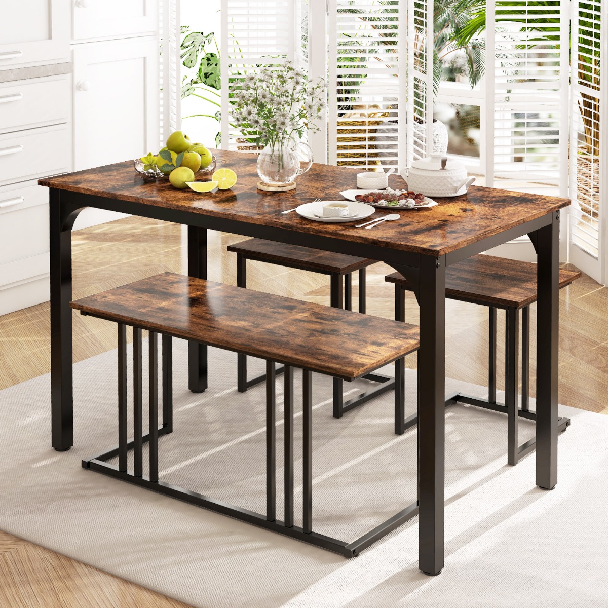Esstisch mit Bank & 2 Hockern 4er Set Küchentisch industrielle Essgruppe für Küche 120 x 60 x 75 cm Braun