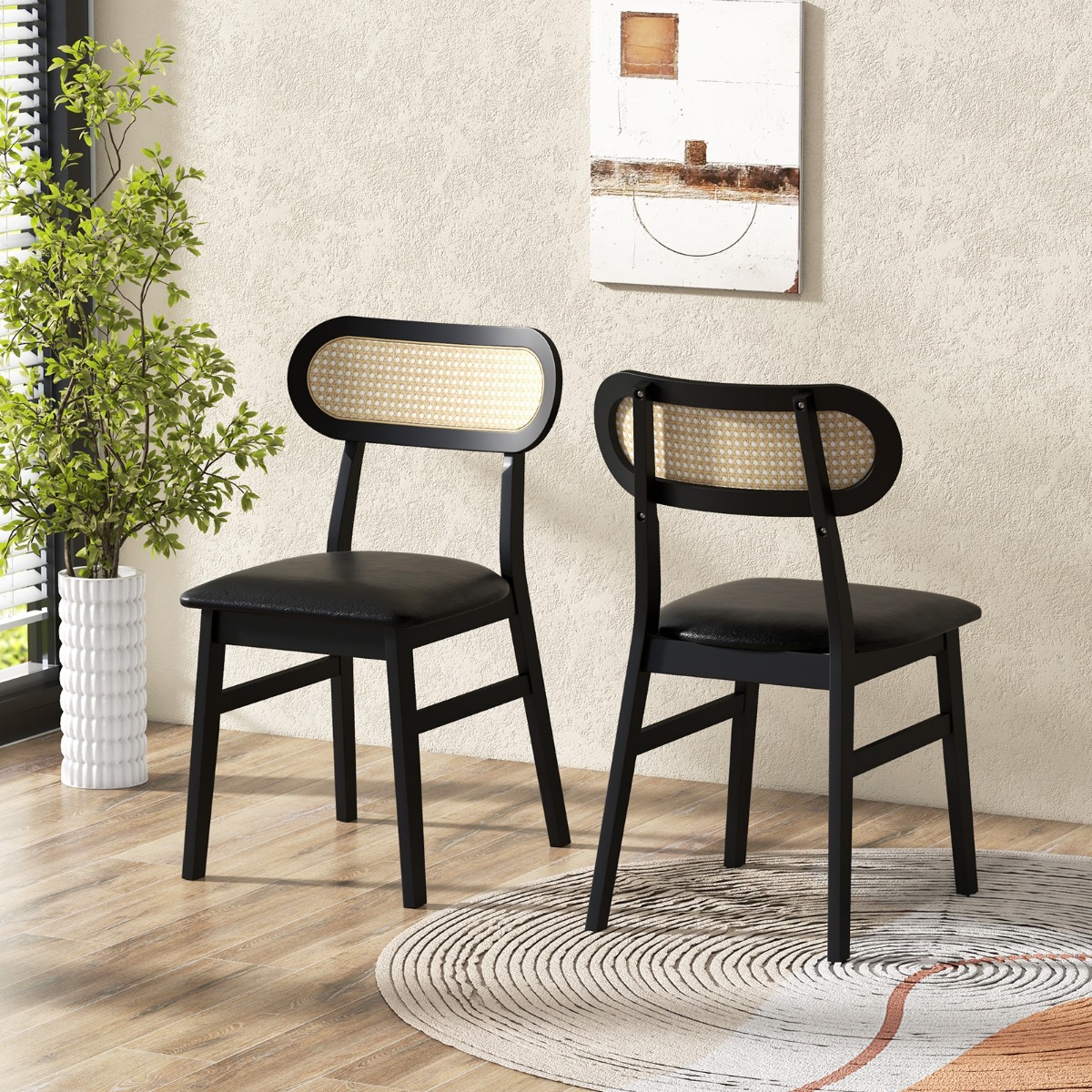 2er-Set Esszimmerstühle Holz Holzstühle mit gepolsterter Sitzfläche Schwarz