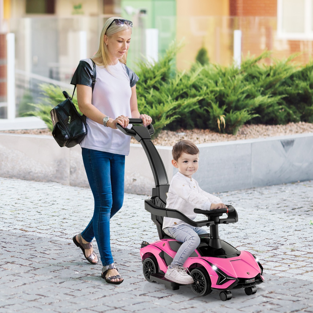 3-in-1 Lamborghini Rutschauto Schiebauto mit Scheinwerfern & Musik & Stauraum Rosa