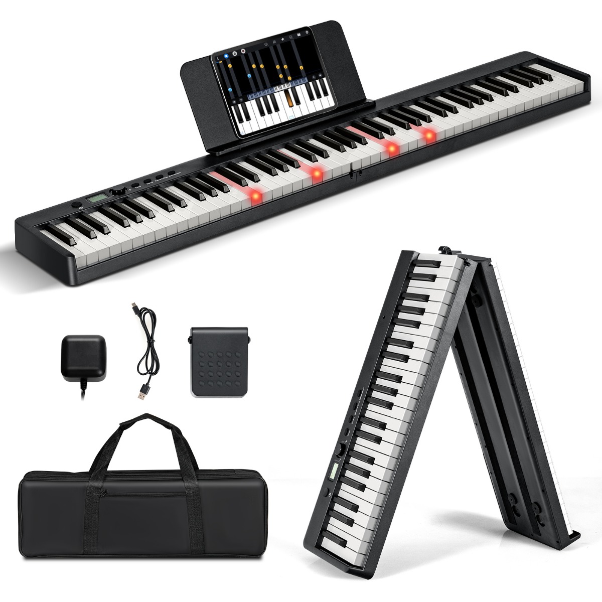 Klappbares E-Keyboard Faltbar mit 88 Beleuchteten Tasten Digitale Keyboard Digitale Keyboard Schwarz