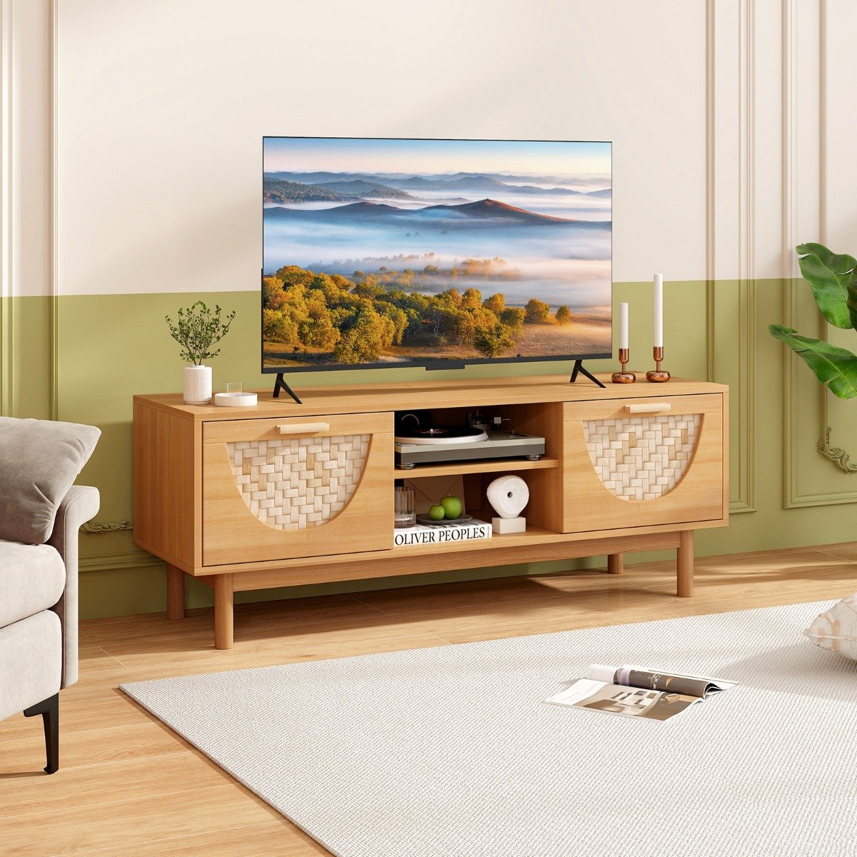 TV Schrank mit 2 Schubladen & Offenen Regalen für TVs bis 55 Zoll TV Lowboard Fernsehschrank