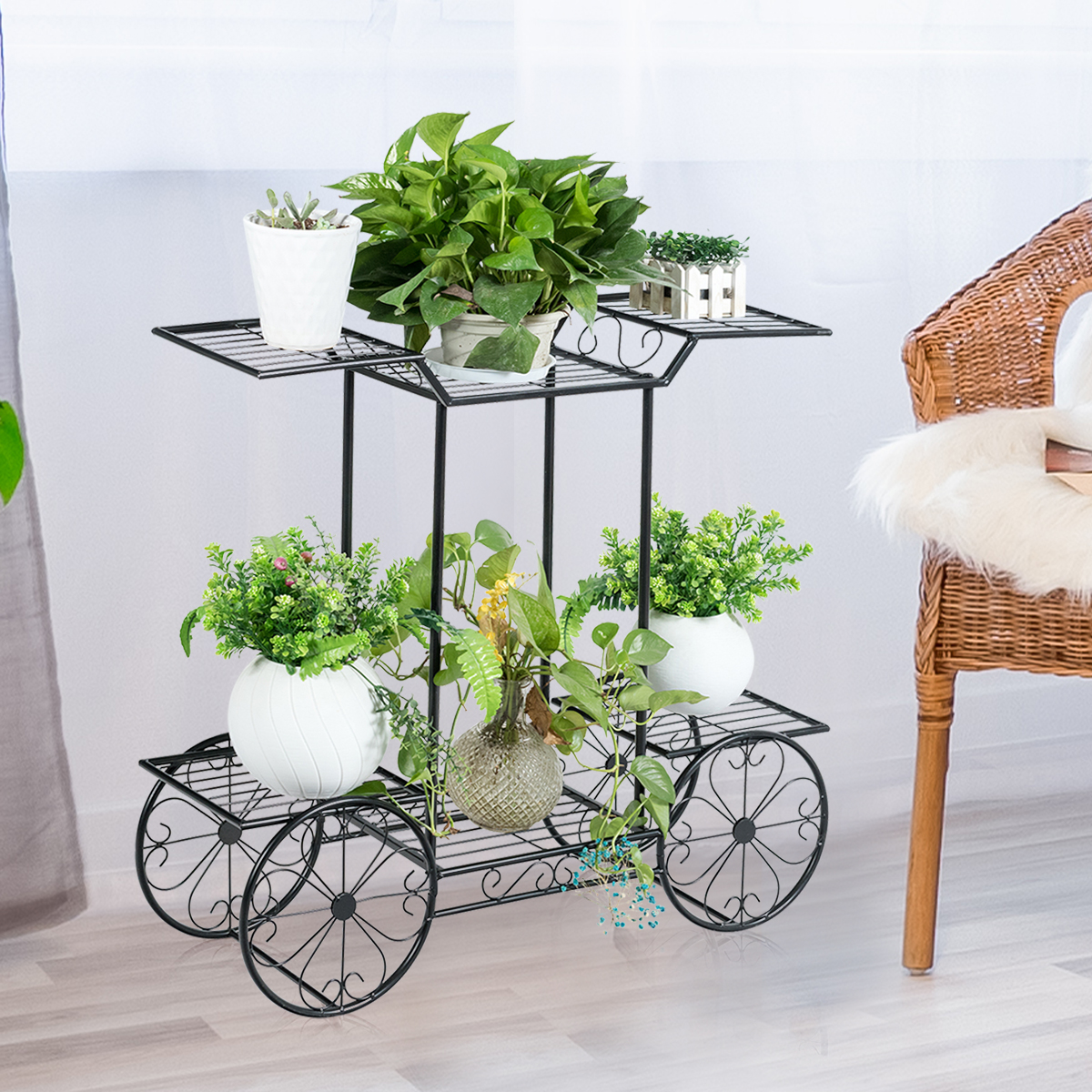 Dekor-Blumenständer Pflanzenständer mit 6 Ablagen Freistehender Blumenwagen für Innen und Außen Metall schwarz 80,5 x 25 x 75