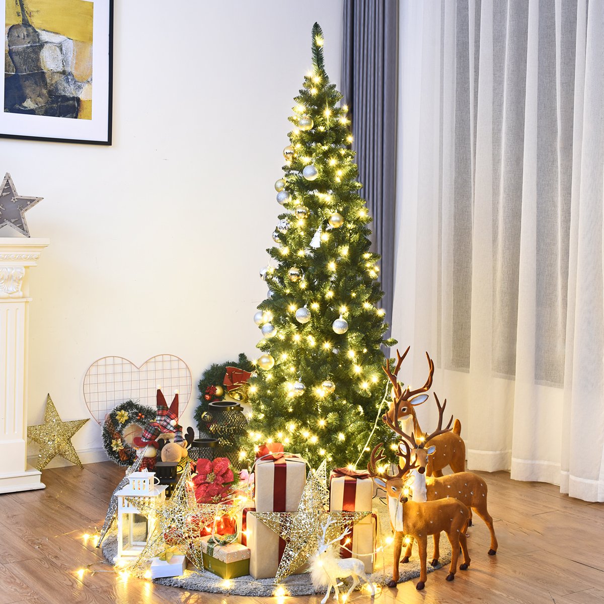 200 cm Schmaler Weihnachtsbaum mit Warmweißen LEDs Künstlicher Tannenbaum Grün