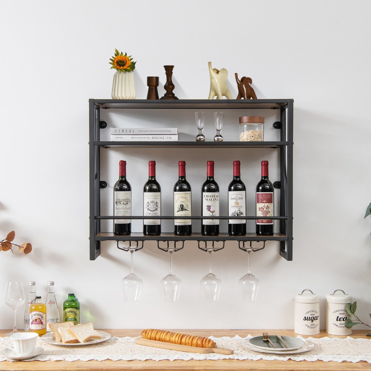 3 Ebenen Wand-Weinregal aus Metall mit Glashalter Industrial Design Rustikales Braun