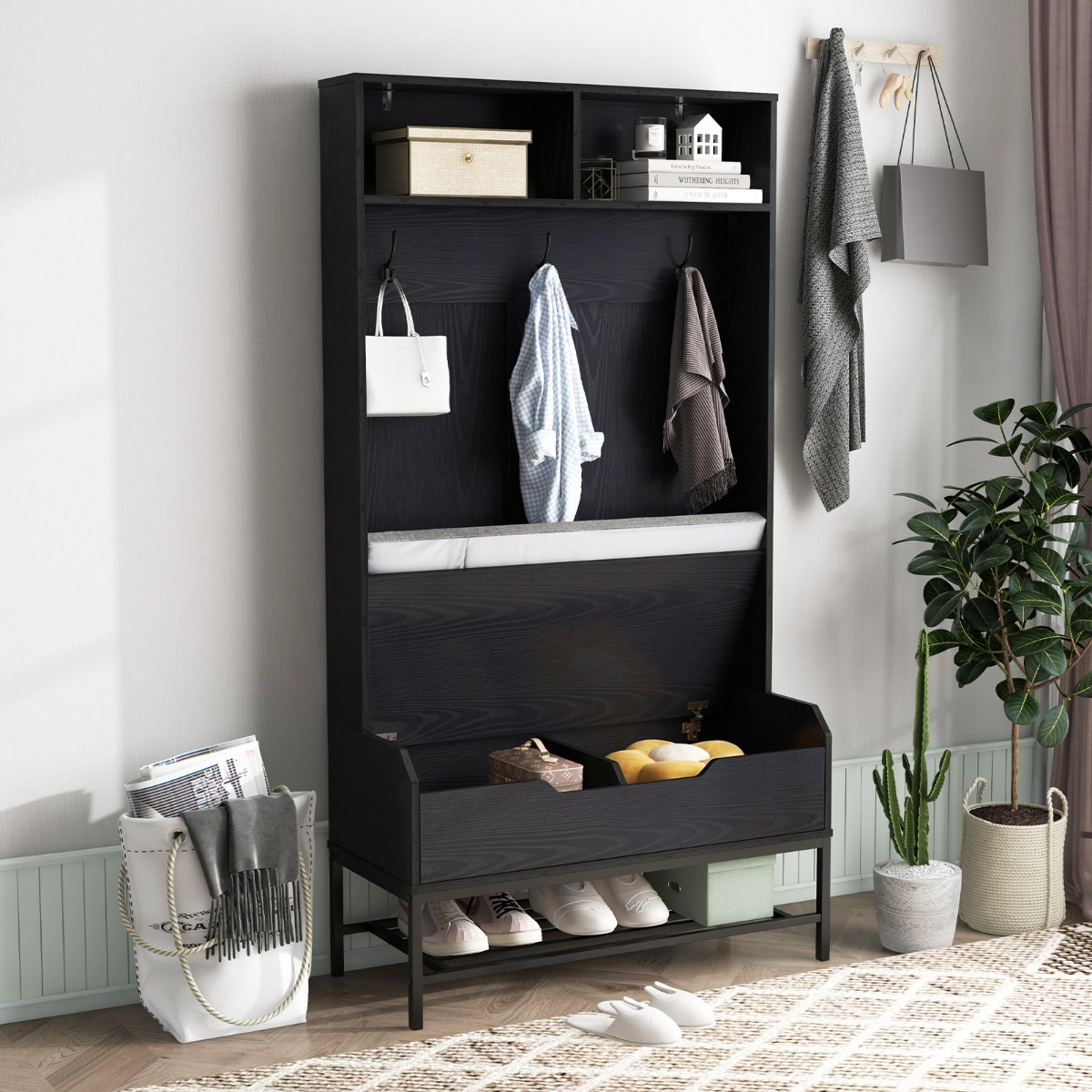4 in 1 Garderobe mit Sitzbank & Schuhschrank & 3 Haken Garderobenständer Kleiderständer Schwarz