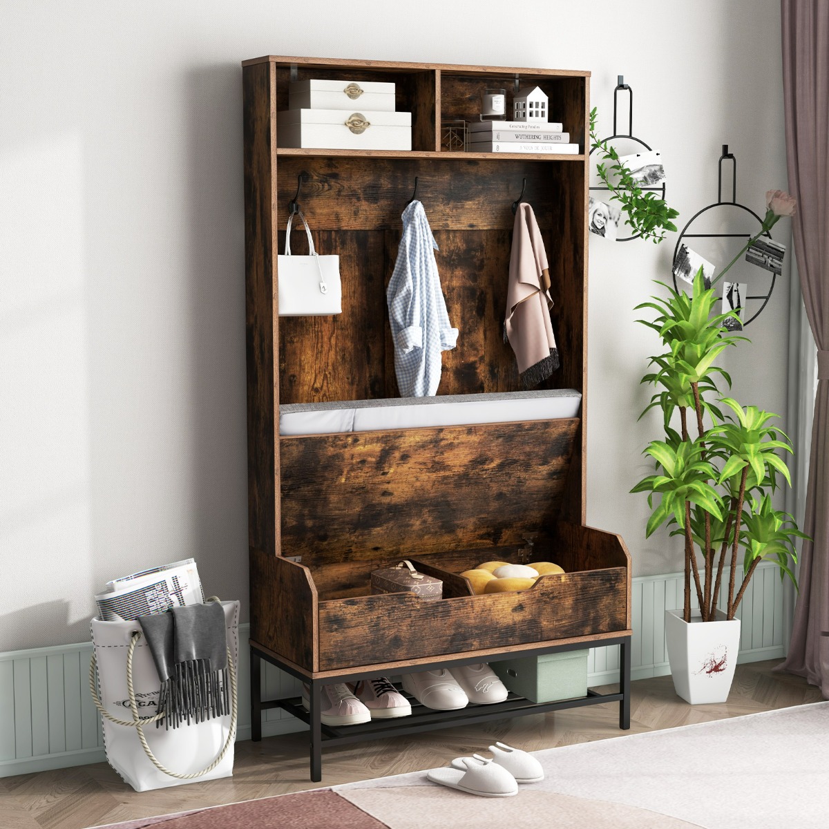 4 in 1 Garderobe mit Sitzbank & Schuhschrank & 3 Haken Garderobenständer Kleiderständer Braun