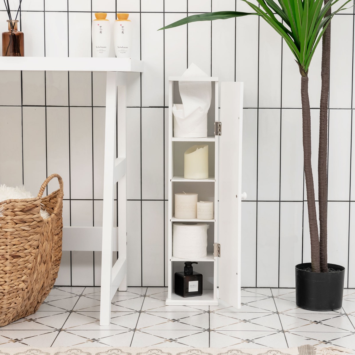 Toilettenpapier-Schrank Toilettenpapierhalter mit 3 Abnehmbaren Regalen 15 x 16 x 69 cm Weiß