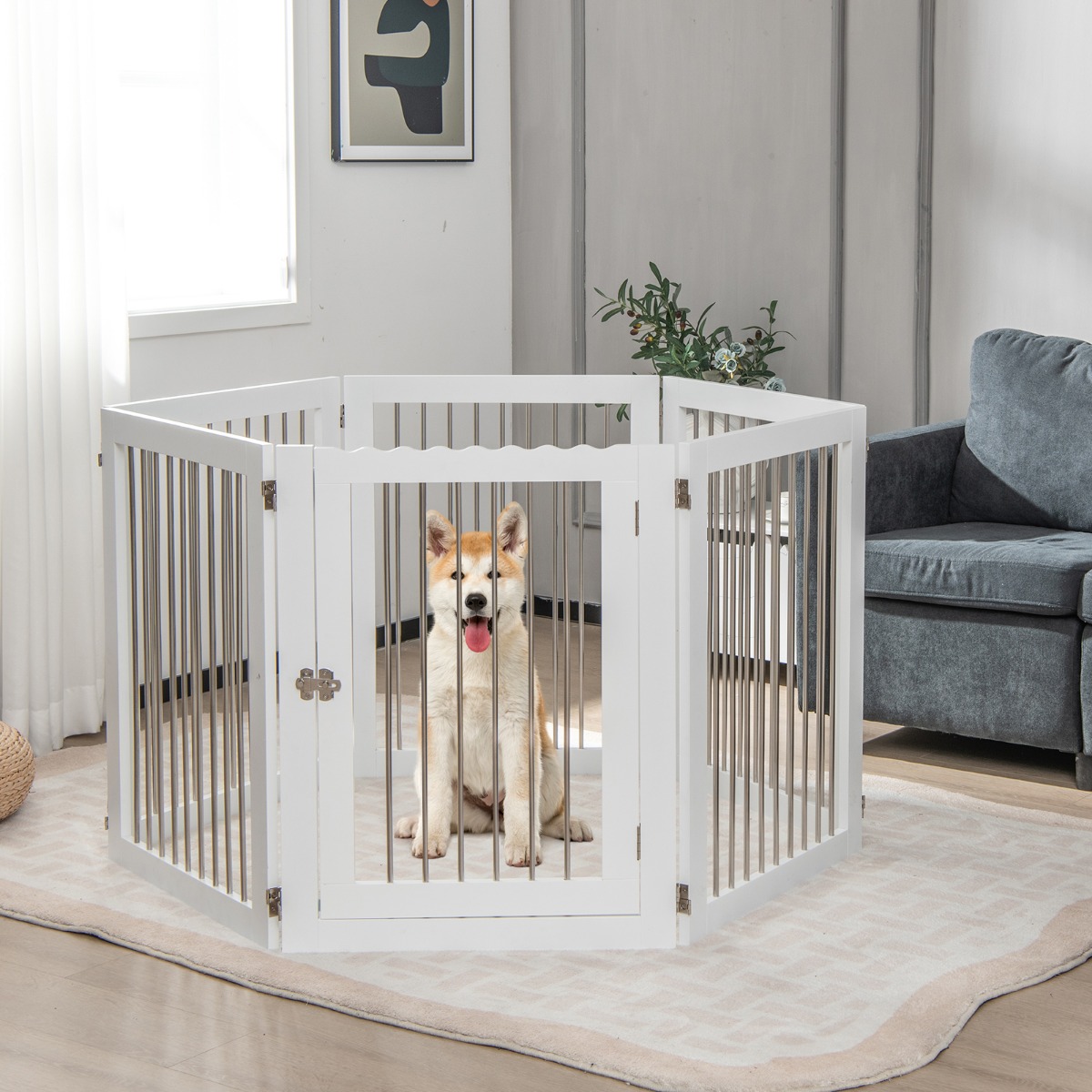 Hundegitter Laufstall Freistehender Hundezaun mit 6 Paneelen 366 x 80 cm Weiß