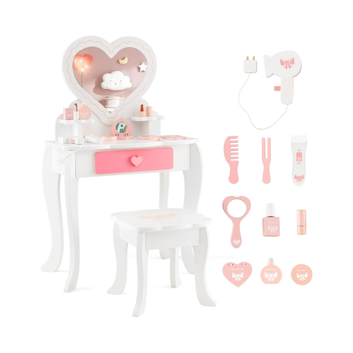 Kinder Schminktisch Set mit ♡Herzförmigem Spiegel & Hocker & Schublade & Zubehör
