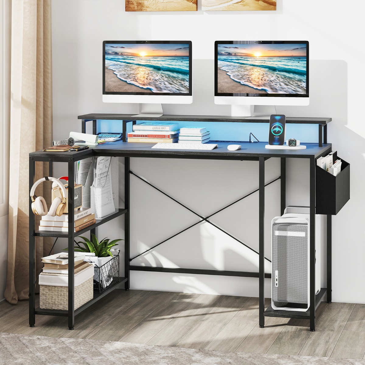 L-förmiger Schreibtisch mit Steckdosen & LED-Beleuchtung Gaming Computertisch Schwarz