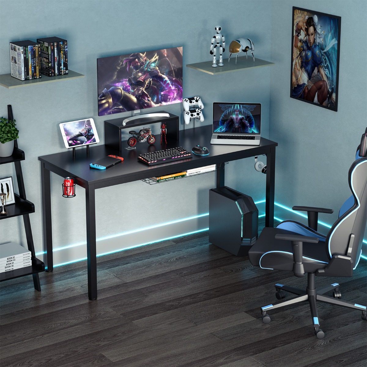 140cm Schreibtisch mit Monitorablage Computertisch Gaming Tisch mit Getränkehalter Kopfhörerhaken Schwarz