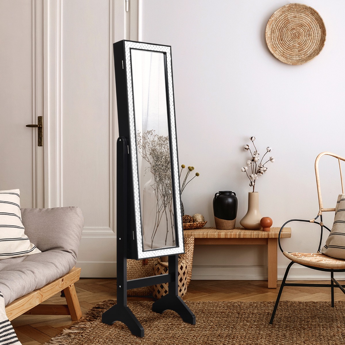 Freistehender Schmuckschrank mit Ganzkörperspiegel Schmuckregal 35,5 × 33 × 153 cm Schwarz